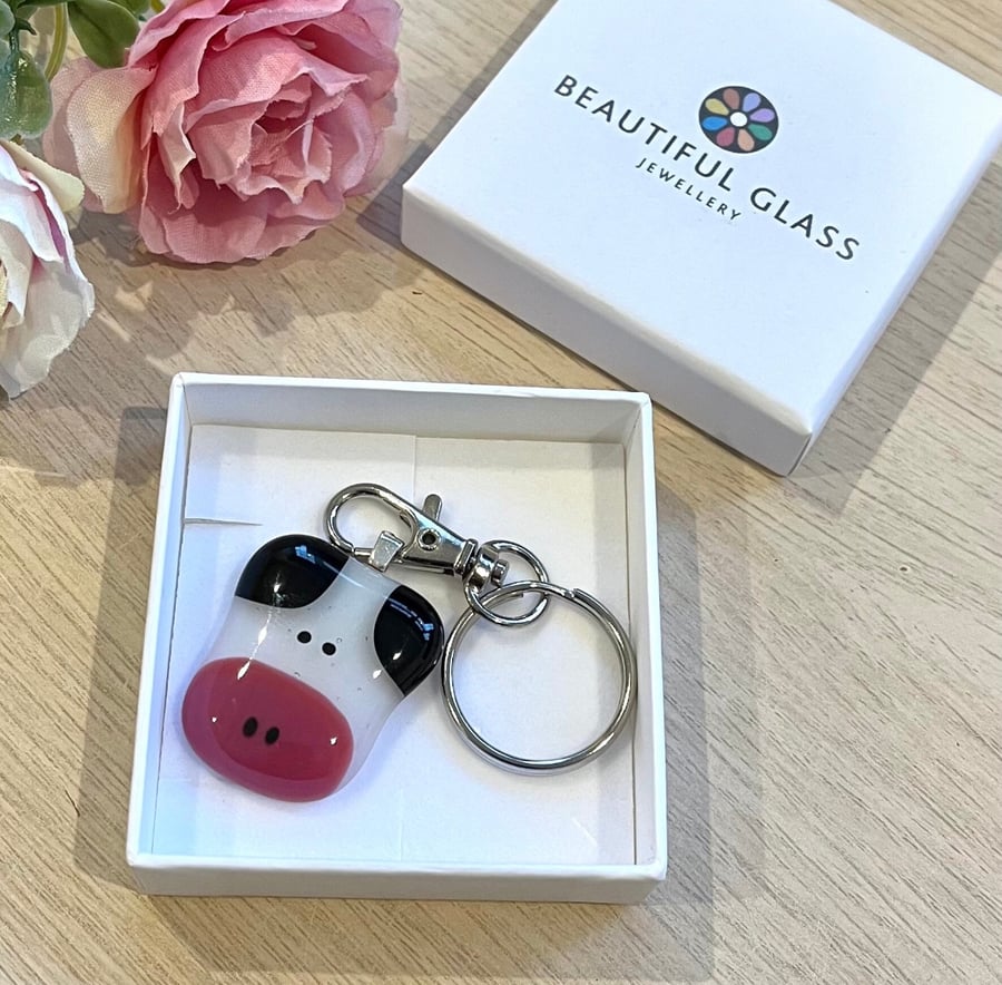 Cow keyring, glass keepsake gift, cute animal present, farm animal lover 