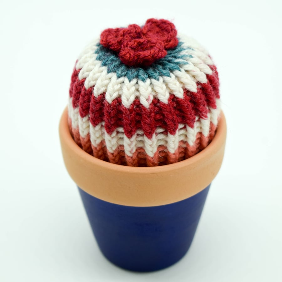 Hand knitted Striped Cactus with red flowers -  Pin cushion