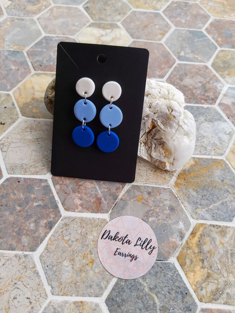 Blue triple drop polymer clay earrings