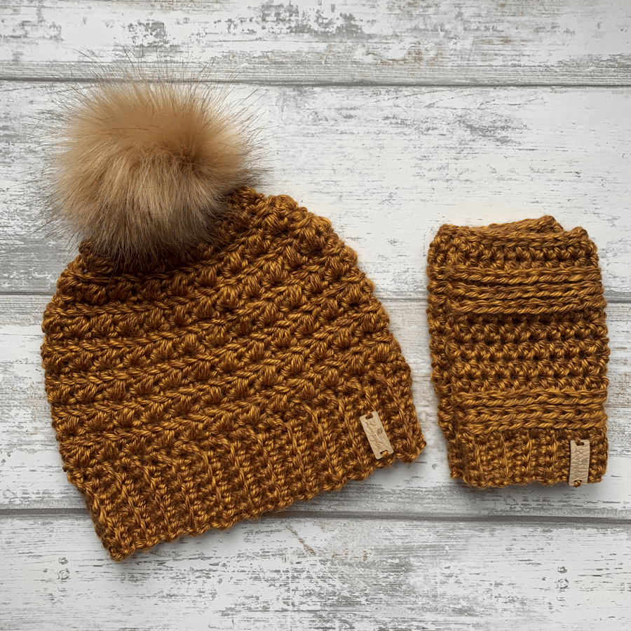 Handmade crochet beanie hat with faux fur pompom and fingerless glove set ochre 