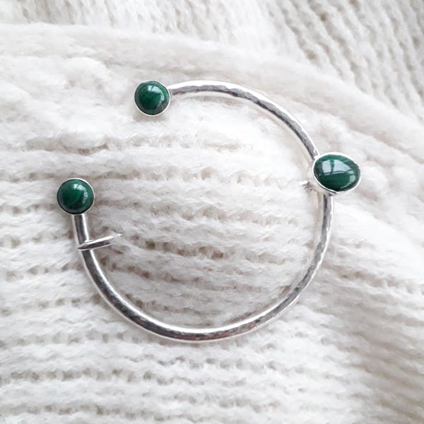 Malachite Sterling Silver Brooch , Pennanular Shawl Brooch Hallmarked