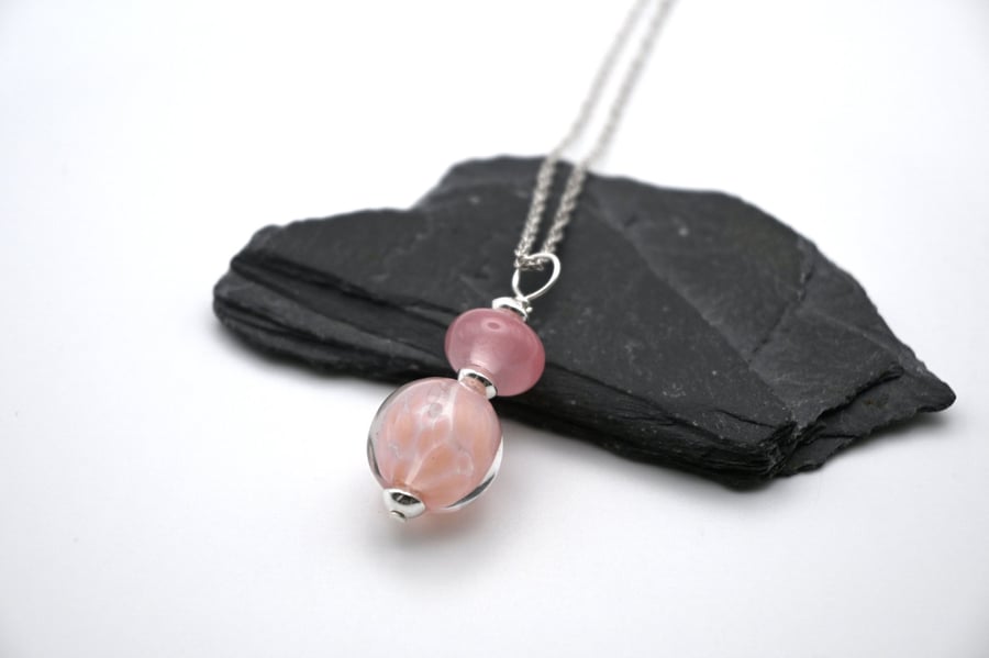 pink sphere lampwork glass pendant necklace
