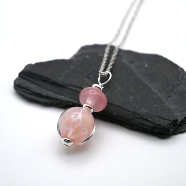 pink sphere lampwork glass pendant necklace