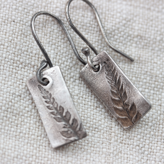 Recycled Silver Fern Leaf Pattern Drop Earrings, Botanical Leaf Earrings