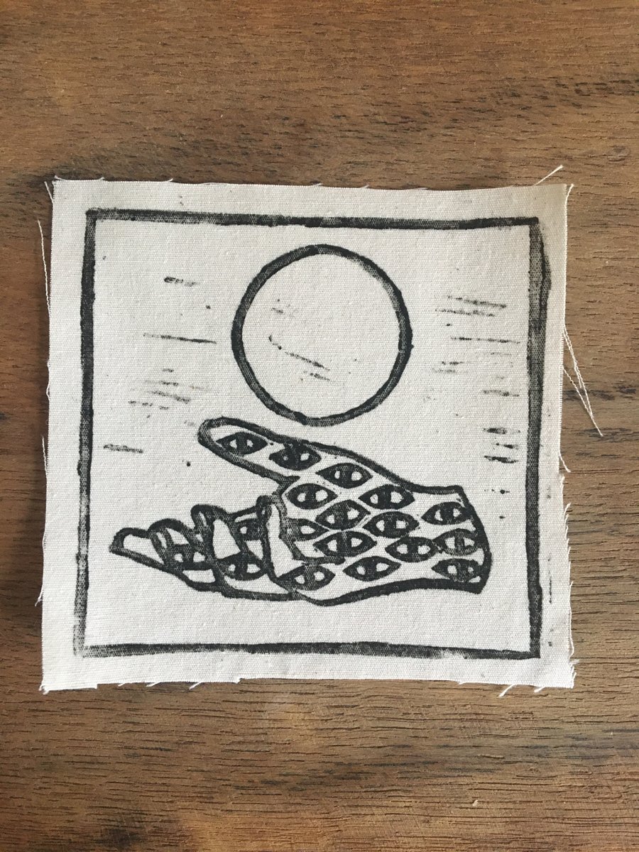 Cotton patch, She Who Knows linocut for jackets or bags.