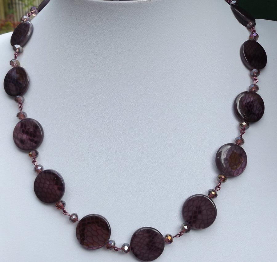 Shell pearl purple necklace with purple faceted crystals necklace 