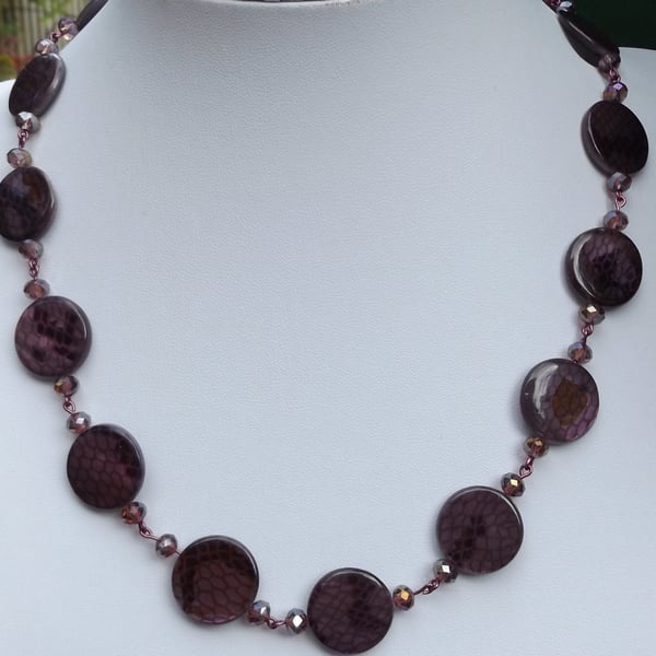 Shell pearl purple necklace with purple faceted crystals necklace 