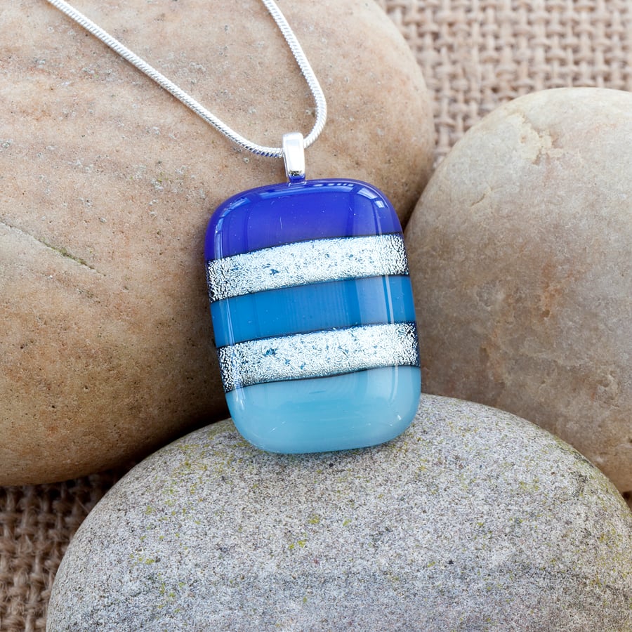 Colourful Blue Stripy Fused Glass Pendant with Silver Dichroic