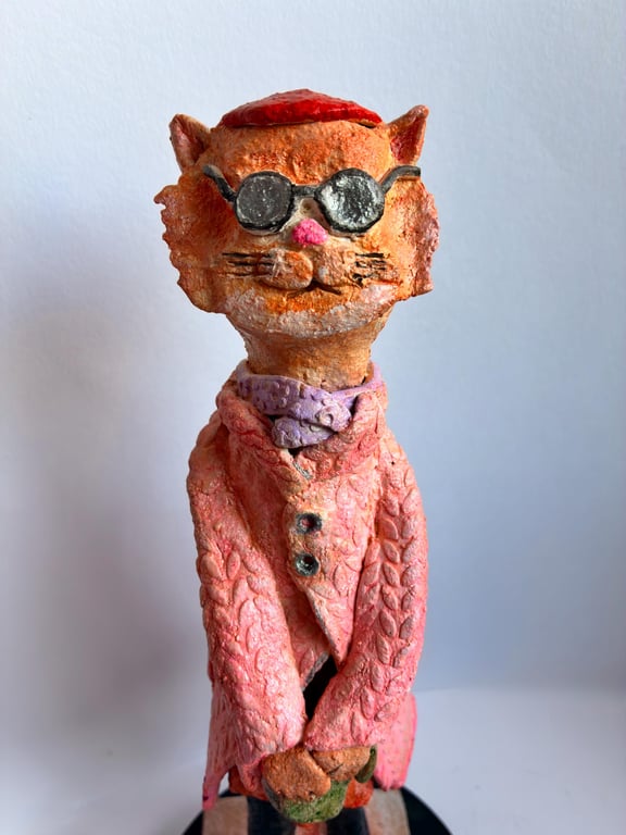 Handmade Ceramic Cat Sculpture, Pink Coat, Sunglasses, Whimsical Diva Art, Maxim