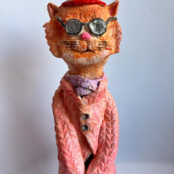 Handmade Ceramic Cat Sculpture, Pink Coat, Sunglasses, Whimsical Diva Art, Maxim
