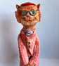 Handmade Ceramic Cat Sculpture, Pink Coat, Sunglasses, Whimsical Diva Art, Maxim