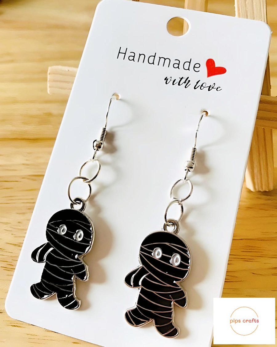 Cute Black Mummy Earrings, Halloween, Fun Spooky Jewellery, Pierced Earrings