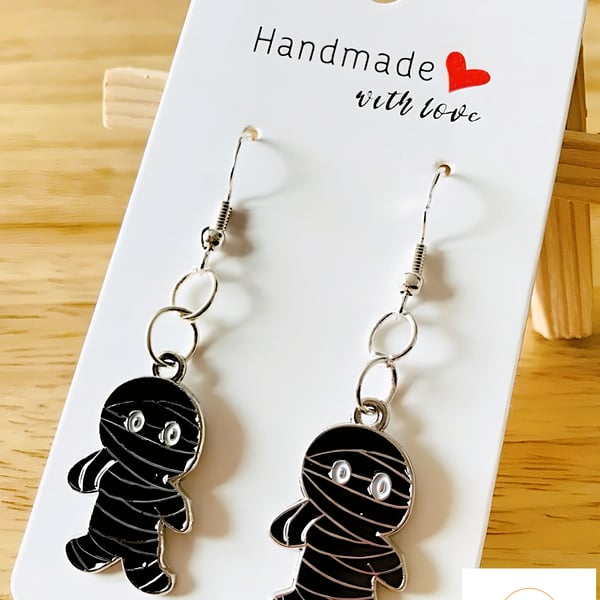 Cute Black Mummy Earrings, Halloween, Fun Spooky Jewellery, Pierced Earrings