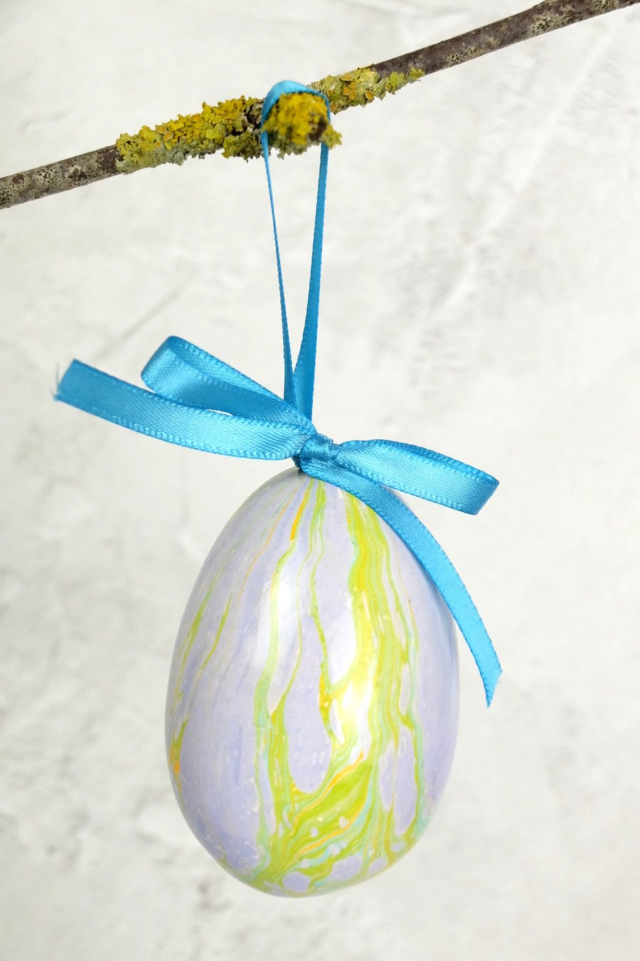 Lilac chartreuse marbled ceramic Easter egg hanging decoration  