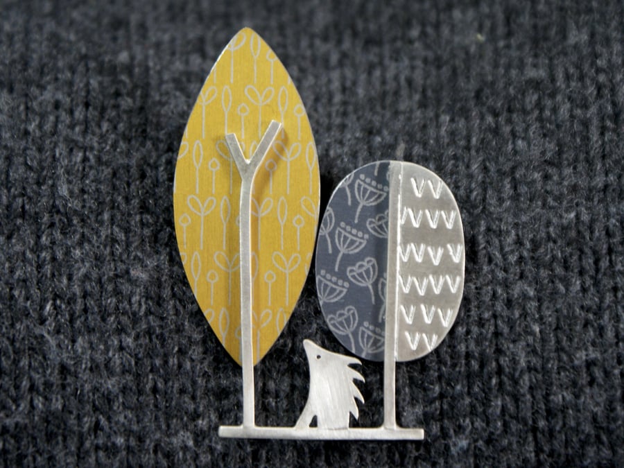 Hedgehog and trees brooch