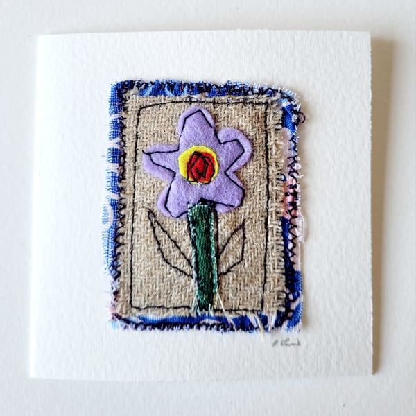 Handmade 'Purple Flower on Stem' Felt and Fabric Greeting Card