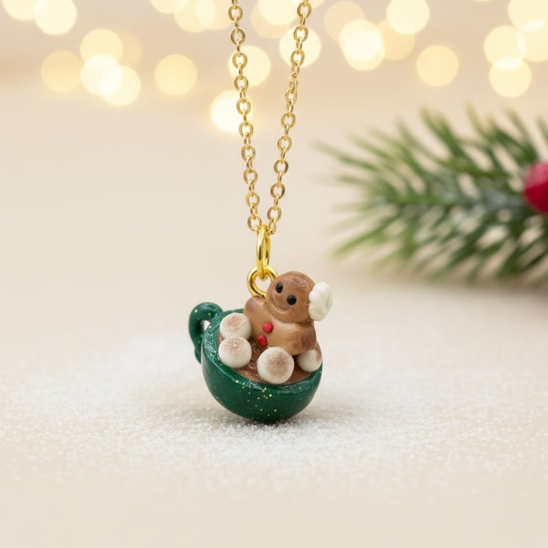 Gingerbread Man Necklace, Hot Chocolate Charm, Polymer Clay Christmas Gift