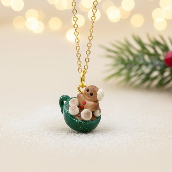 Gingerbread Man Necklace, Hot Chocolate Charm, Polymer Clay Christmas Gift