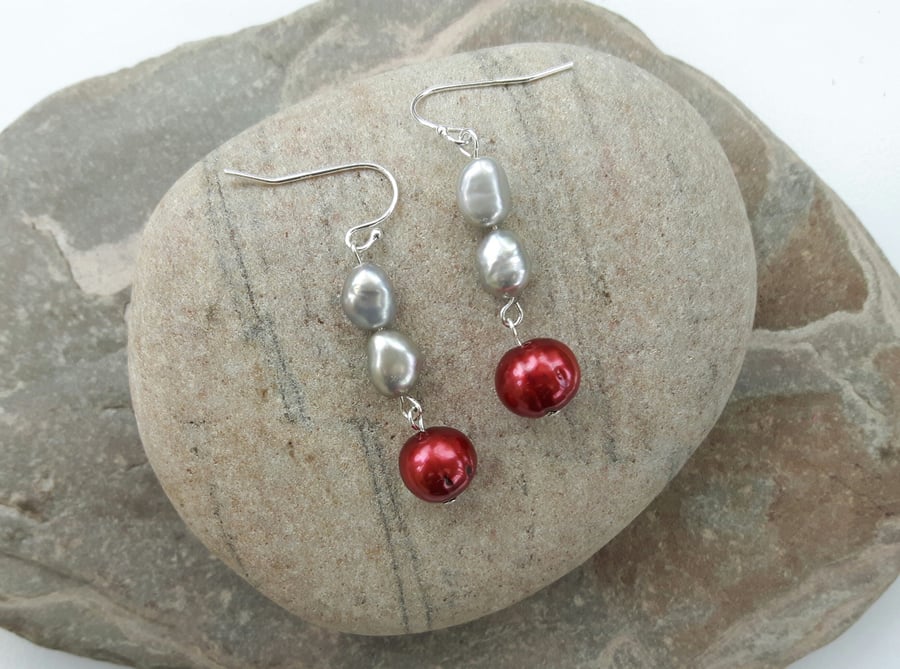 Sterling Silver and Pearl Drop Earrings, Silver and Red