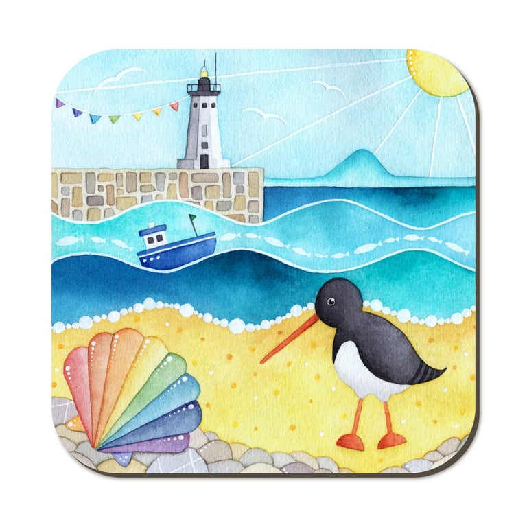 Oystercatcher Coaster. Cute Seaside Watercolour Painting. East Neuk of Fife