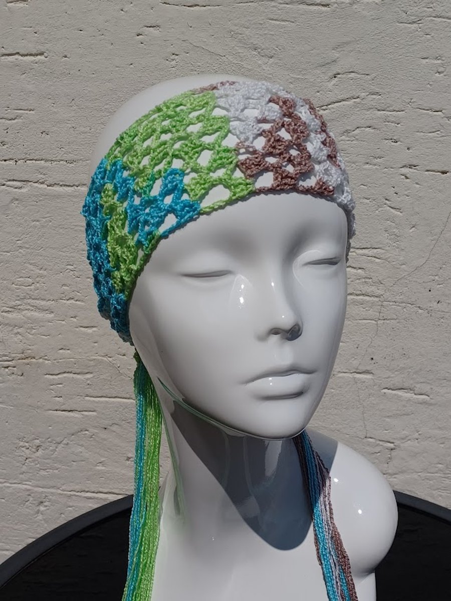 Crochet head scarf, light headband, boho bandana blue green white beige colours