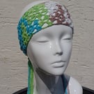 Crochet head scarf, light headband, boho bandana blue green white beige colours
