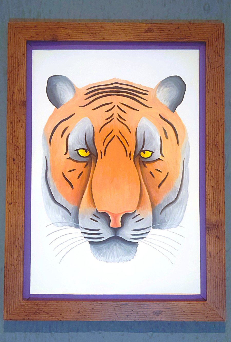 Handmade Unique Framed A3 Print Colourful Tiger Head Purple Border Wallart Gift