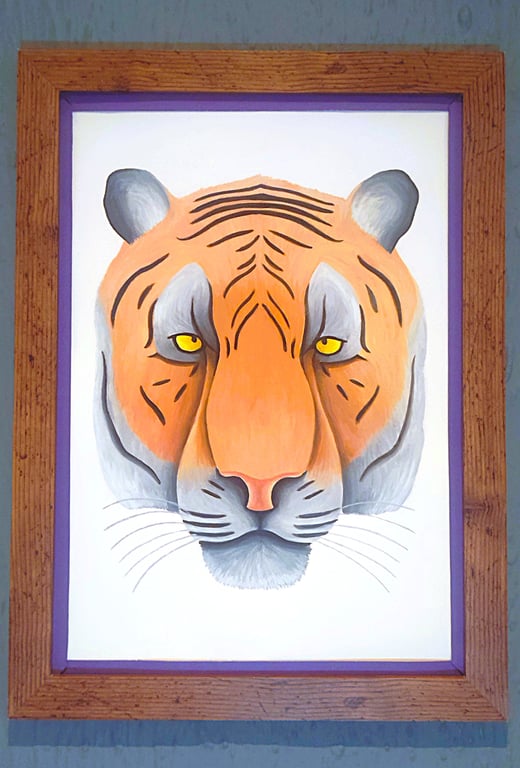 Handmade Unique Framed A3 Print Colourful Tiger Head Purple Border Wallart Gift
