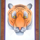 Handmade Unique Framed A3 Print Colourful Tiger Head Purple Border Wallart Gift