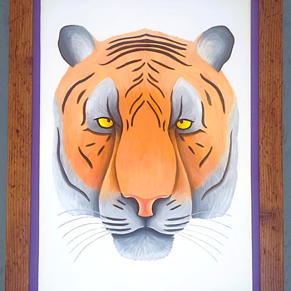 Handmade Unique Framed A3 Print Colourful Tiger Head Purple Border Wallart Gift