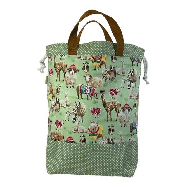 Extra Large drawstring knitting bag with sheep print, multi pockets project bag 