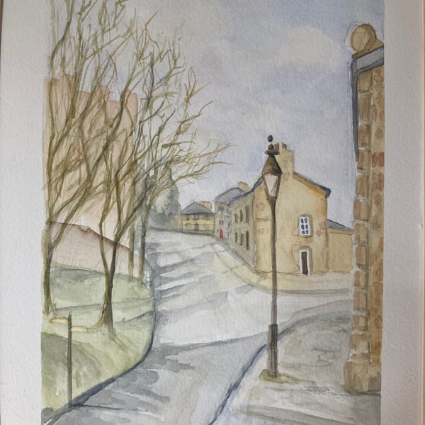 Watercolour art of Lancaster street, landscape of England