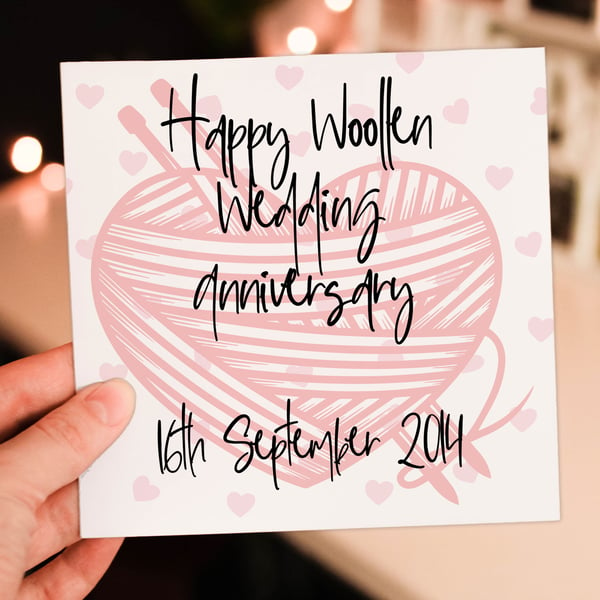 Woollen (7th) anniversary card: Personalised with date