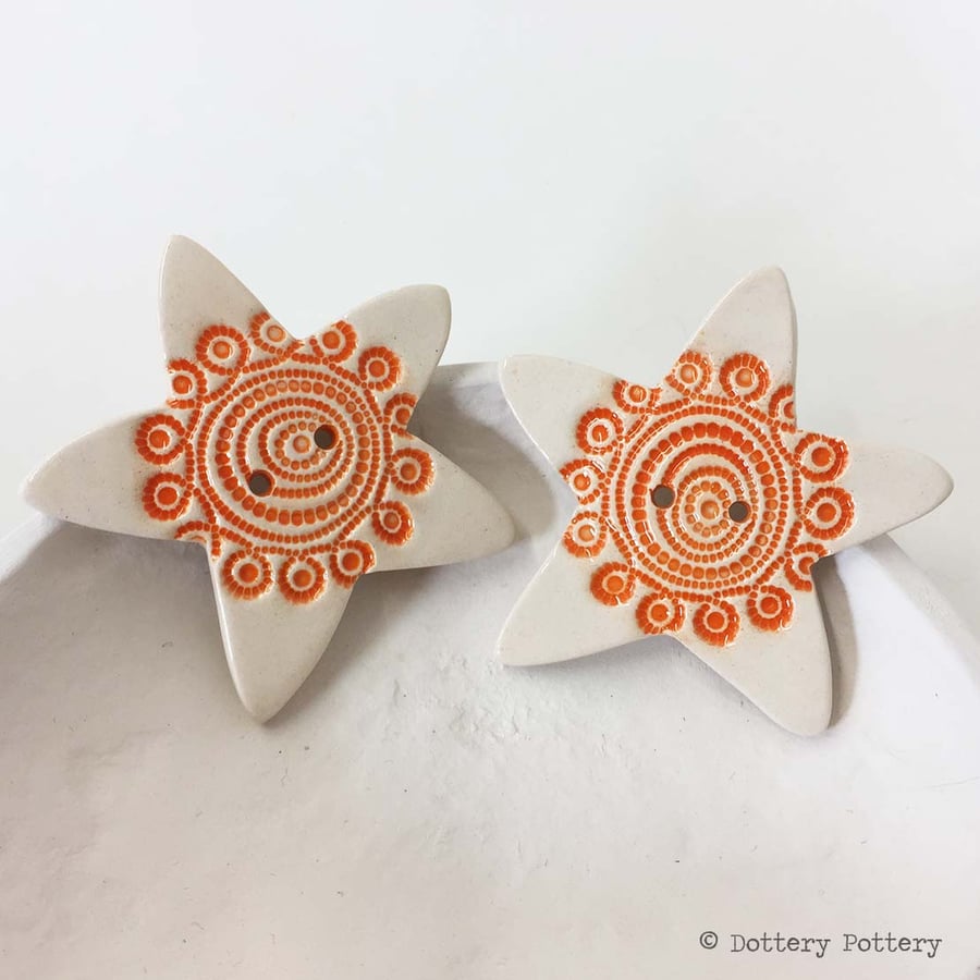 Two Large ceramic starfish buttons pottery starfish feature buttons