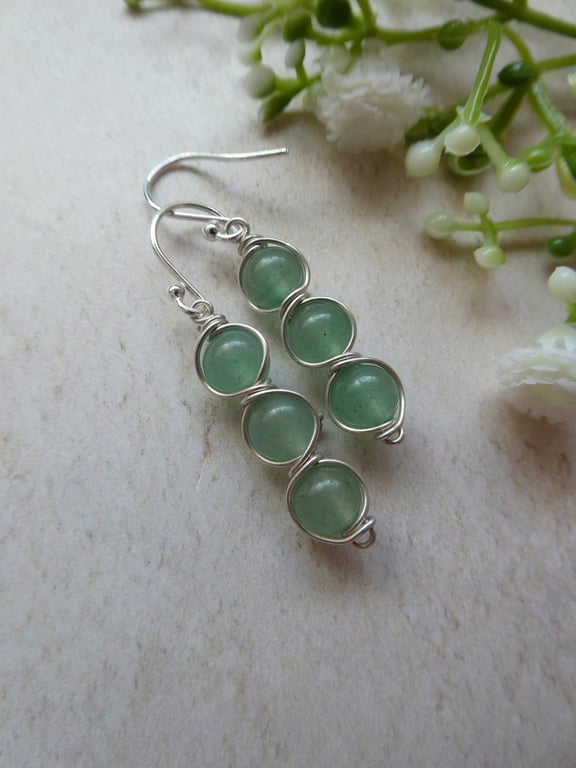 sterling silver green aventurine earrings, green gemstone earrings, 