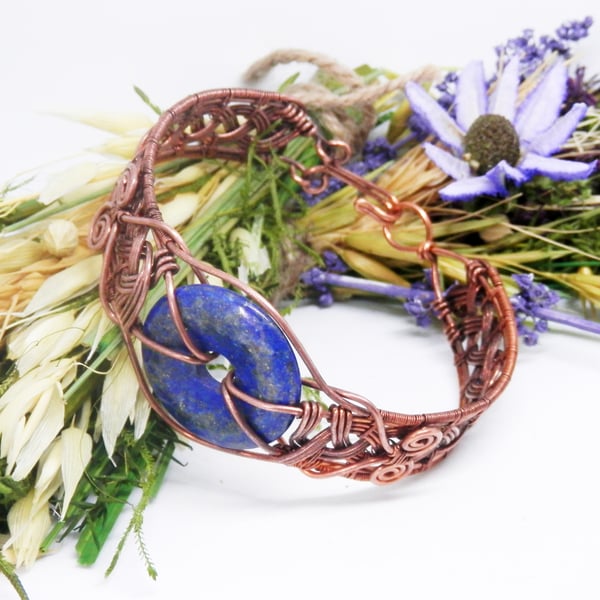 Celtic Style Braided Wire Copper Bracelet With Lapis Lazuli Donut Crystal