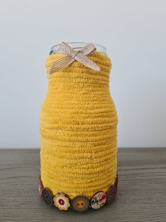 Handmade Mustard Yellow Yarn Wrapped Jar - Colourful Vase - Rustic Button Decor