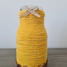Handmade Mustard Yellow Yarn Wrapped Jar - Colourful Vase - Rustic Button Decor