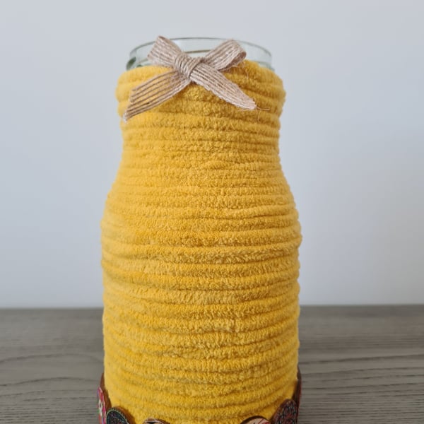 Handmade Mustard Yellow Yarn Wrapped Jar - Colourful Vase - Rustic Button Decor