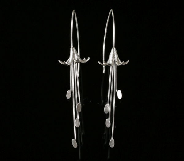 Very Long Silver Flower Earrings, Silver Flower Earrings, Flower Earrings