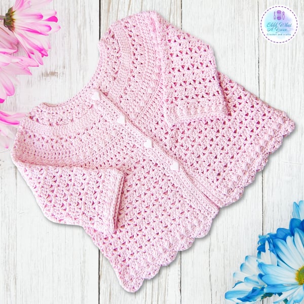 Long sleeve pink crochet baby cardigan. Cotton baby cardigan. Age 1-2 years.