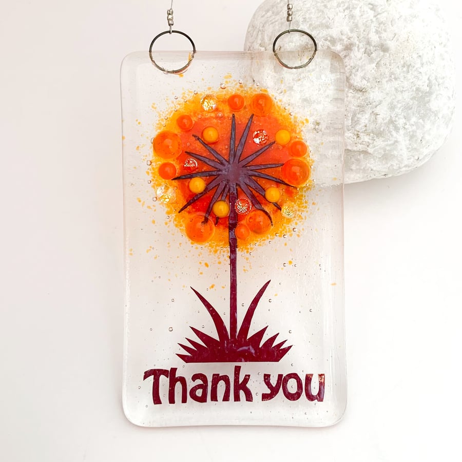Fused Glass "Thank You" Orange Allium Hanging - Handmade Glass Suncatcher