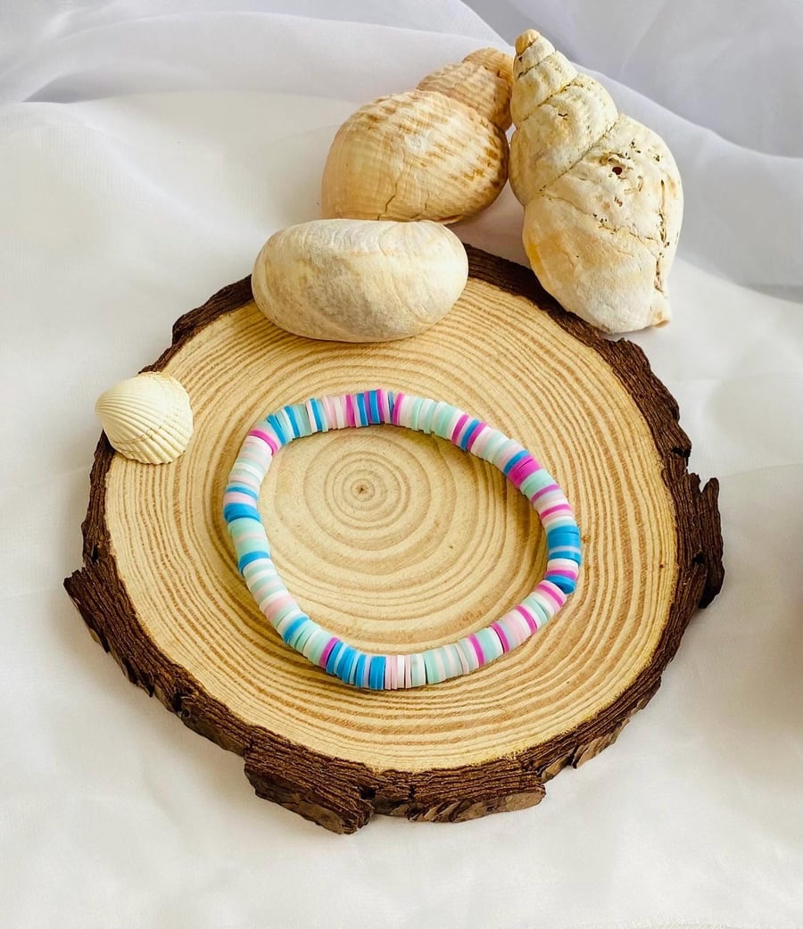 Blue Tides Clay Beaded Bracelet Handmade Stretch Braceletl