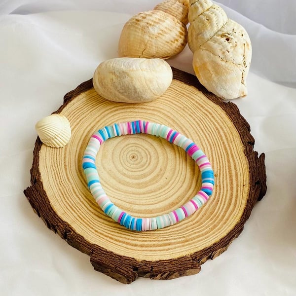 Blue Tides Clay Beaded Bracelet Handmade Stretch Braceletl