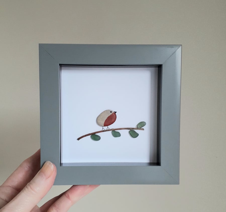 Cute Robin Sea Glass & Pebble Art, Choice of frame colour 5 x 5 inches