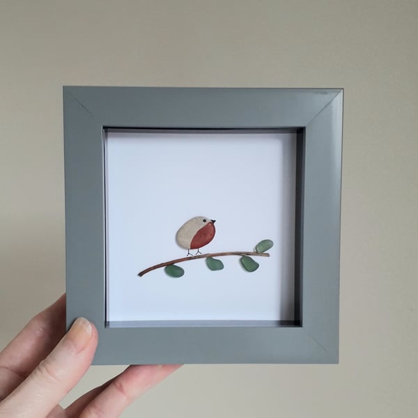 Cute Robin Sea Glass & Pebble Art, Choice of frame colour 5 x 5 inches