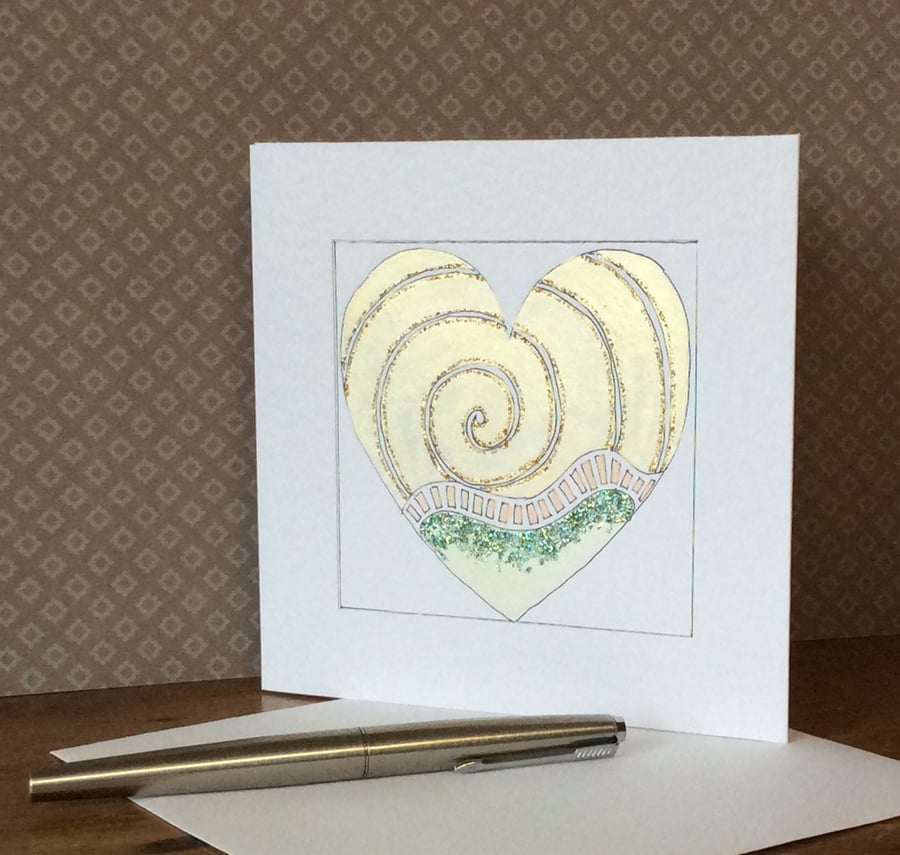 Iridescent hand painted spiral heart hand made Card.
