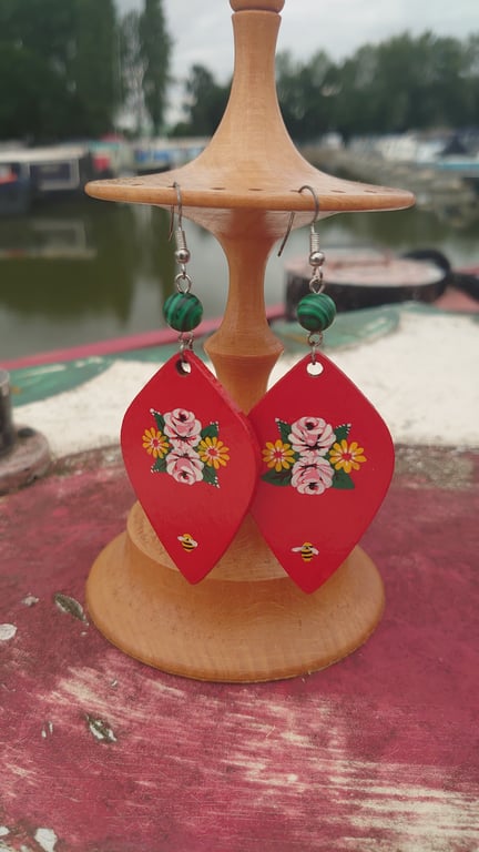Large leaf Rose and castle handpainted earrings 