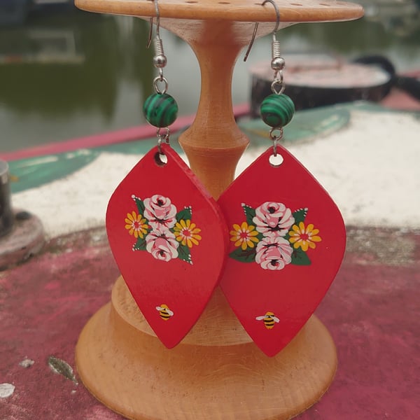 Large leaf Rose and castle handpainted earrings 