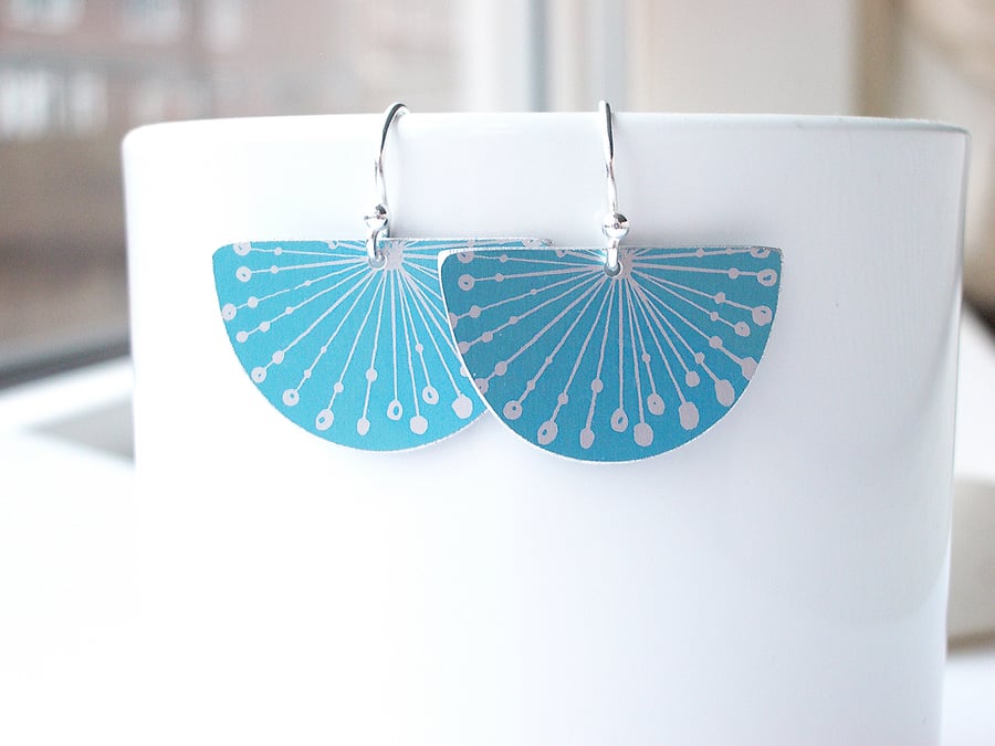 Fan earrings with seed head print in turquoise and silver